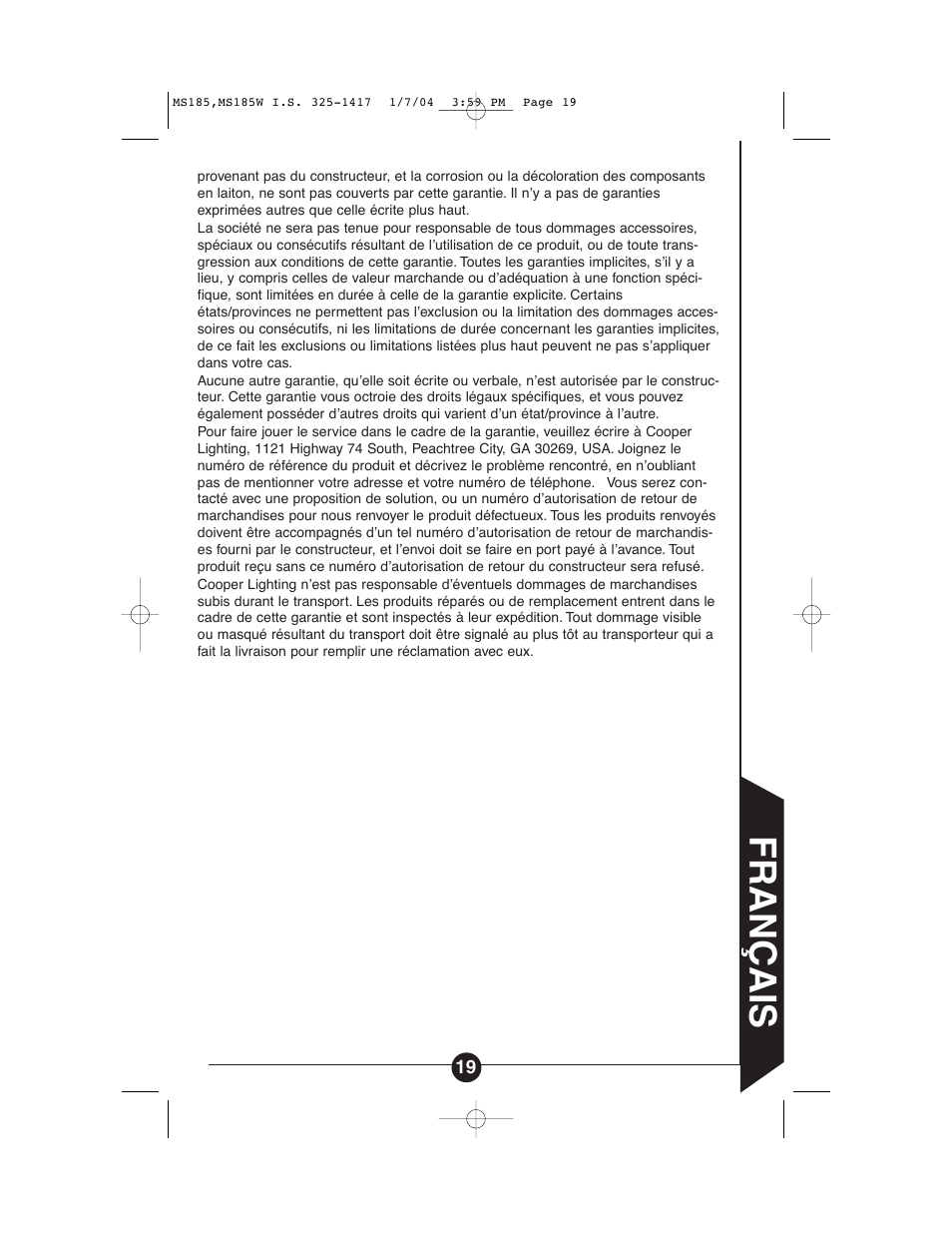 Français | Cooper Lighting MS185 User Manual | Page 19 / 20