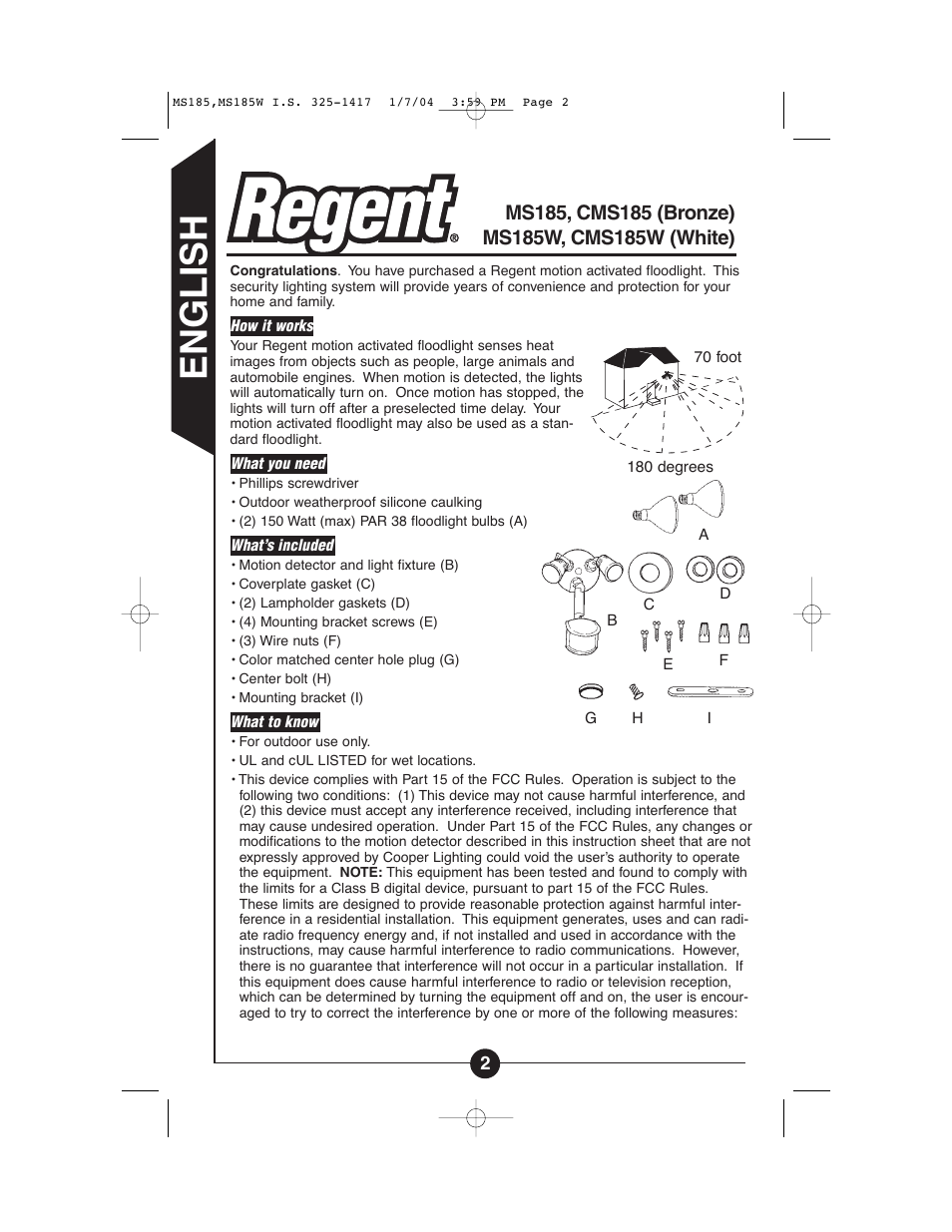English | Cooper Lighting MS185 User Manual | Page 2 / 20