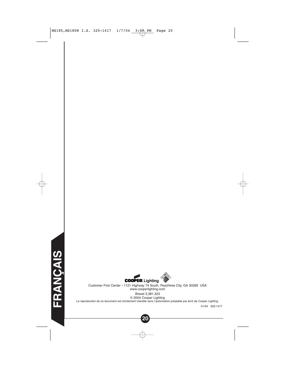 Français | Cooper Lighting MS185 User Manual | Page 20 / 20