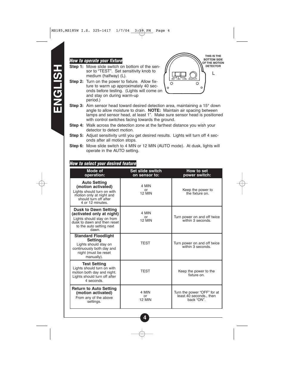 English | Cooper Lighting MS185 User Manual | Page 4 / 20
