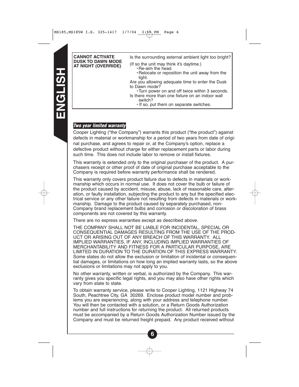 English | Cooper Lighting MS185 User Manual | Page 6 / 20