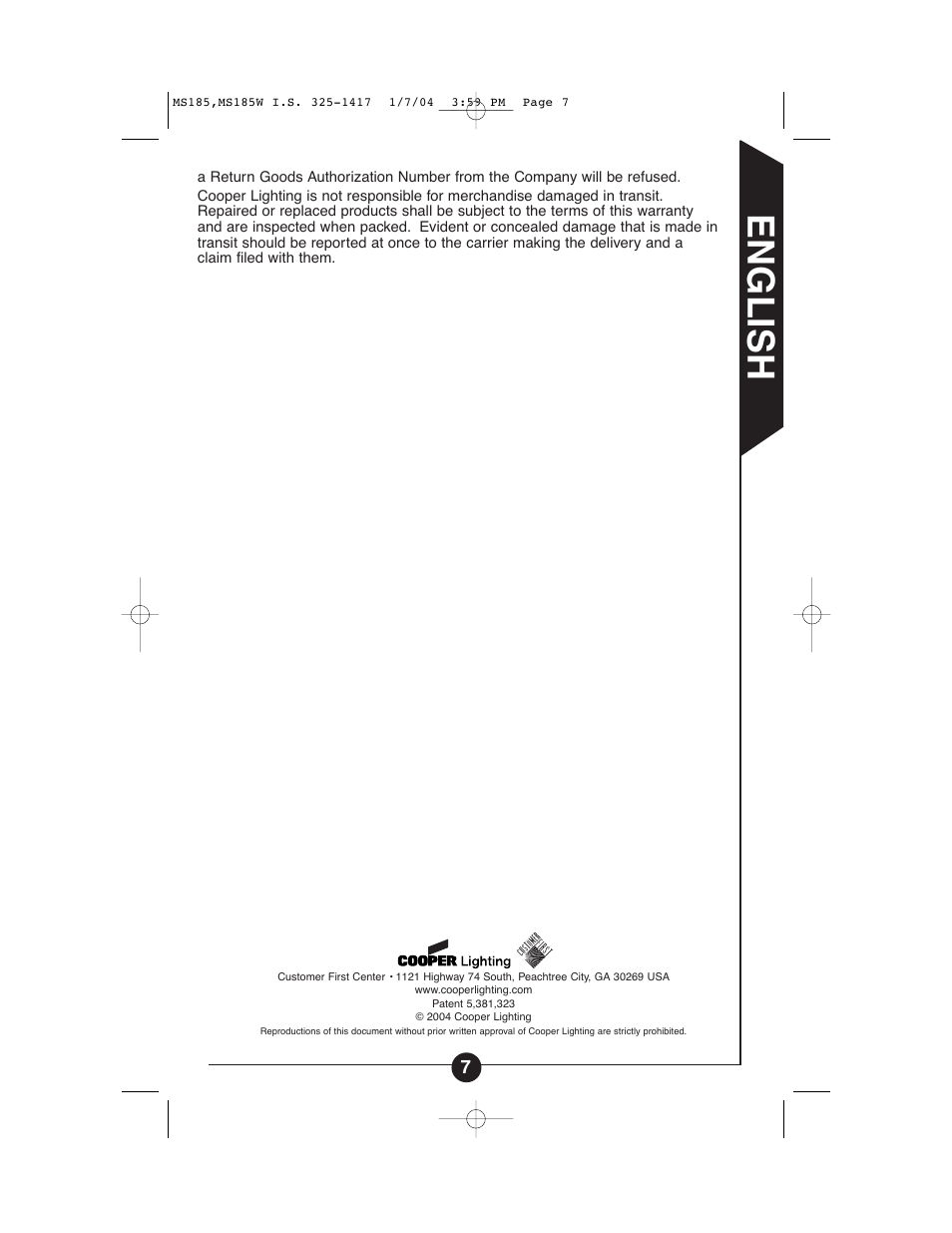 English | Cooper Lighting MS185 User Manual | Page 7 / 20