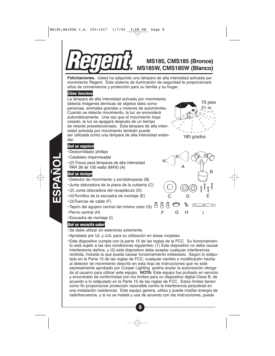 Esp añol | Cooper Lighting MS185 User Manual | Page 8 / 20