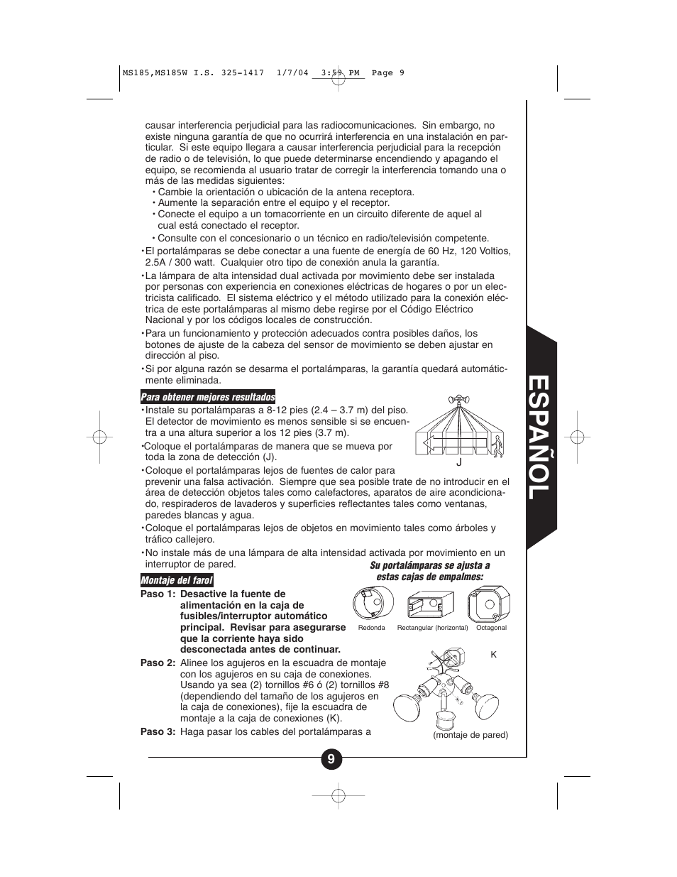 Esp añol | Cooper Lighting MS185 User Manual | Page 9 / 20