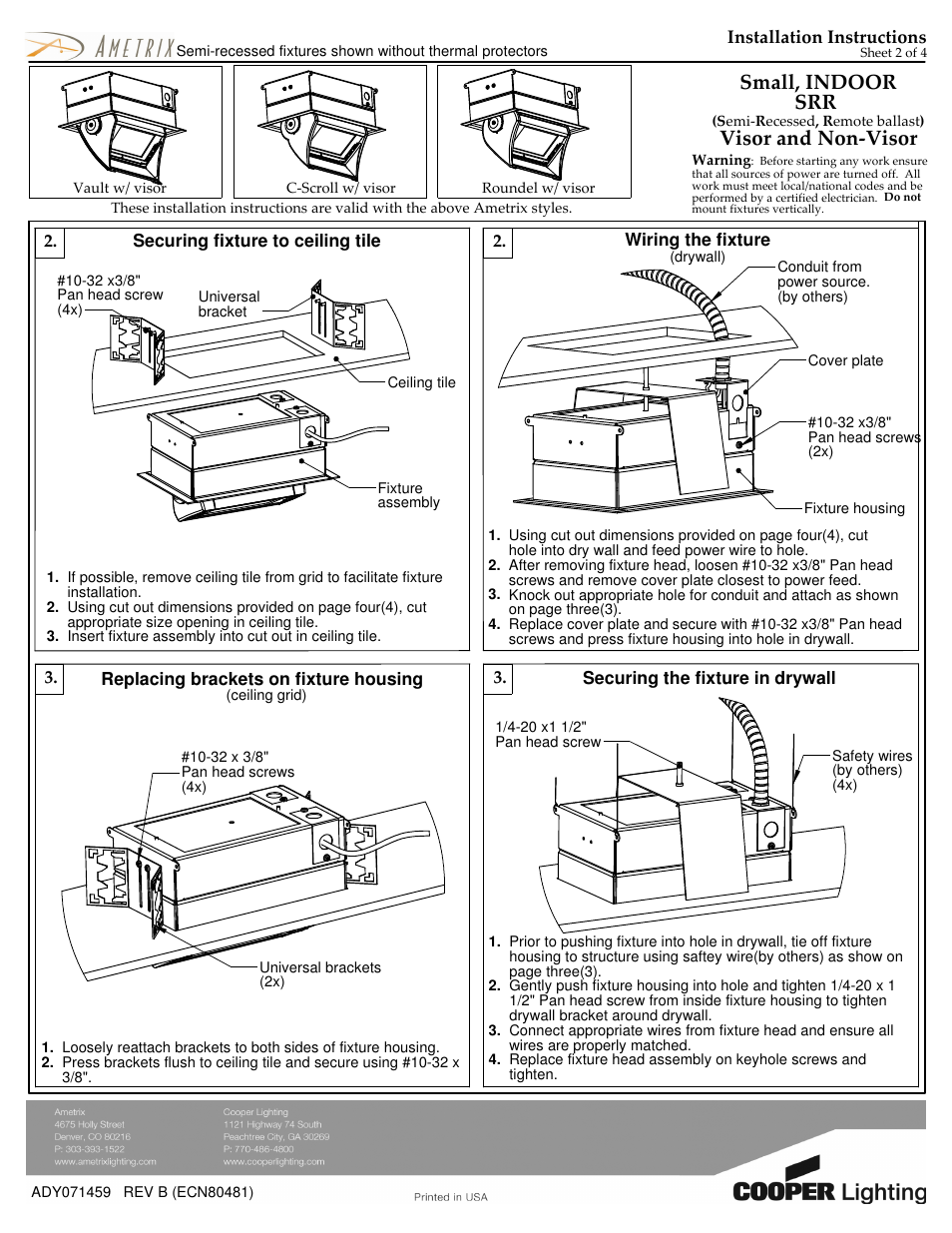 Visor and non-visor, Small, indoor srr, Installation instructions | Cooper Lighting AMETRIX SRR User Manual | Page 2 / 4