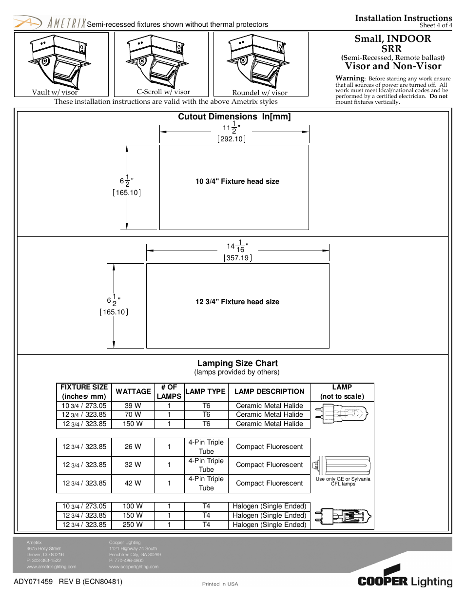 Small, indoor srr, Visor and non-visor, Installation instructions | Cooper Lighting AMETRIX SRR User Manual | Page 4 / 4