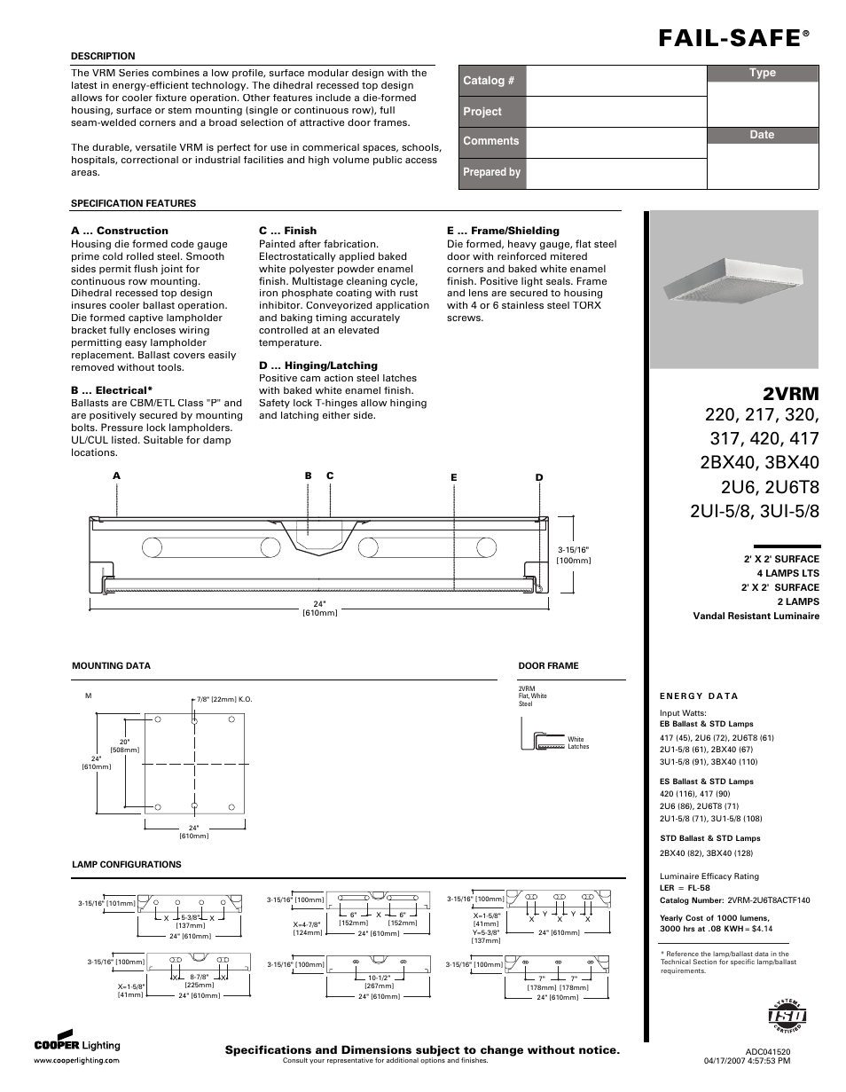 Cooper Lighting 217 User Manual | 2 pages