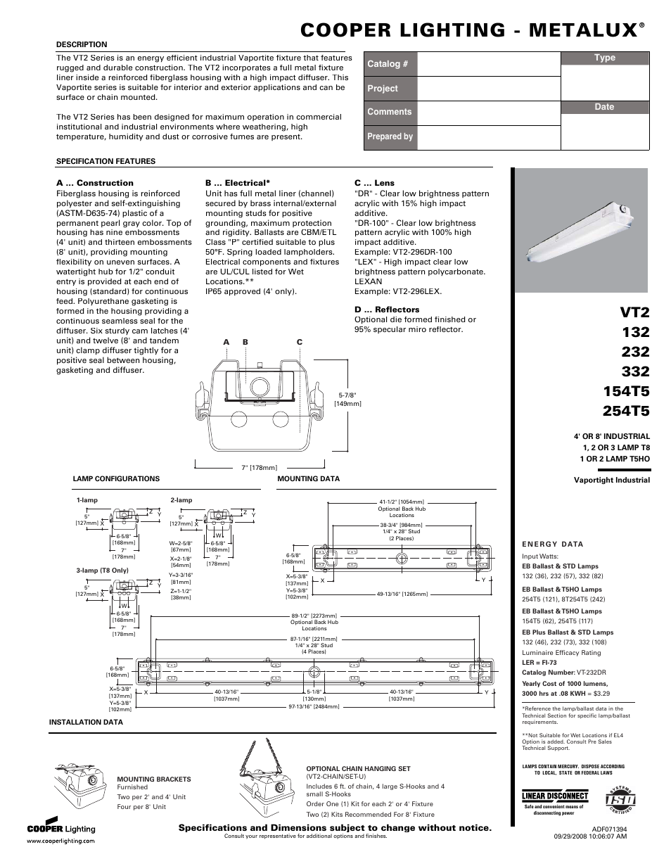 Cooper Lighting VT2 User Manual | 2 pages
