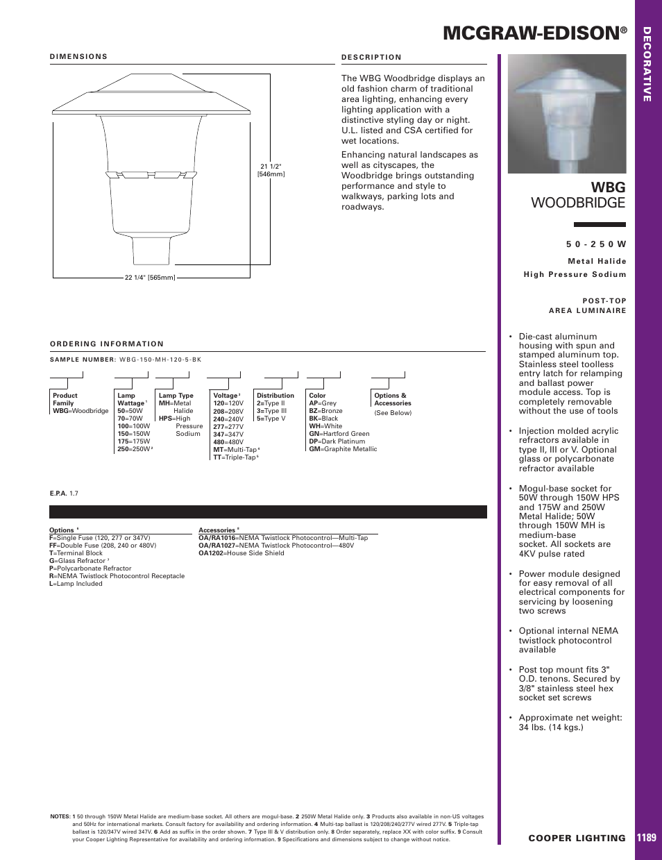 Cooper Lighting MCGRAW-EDISON WBG User Manual | 1 page
