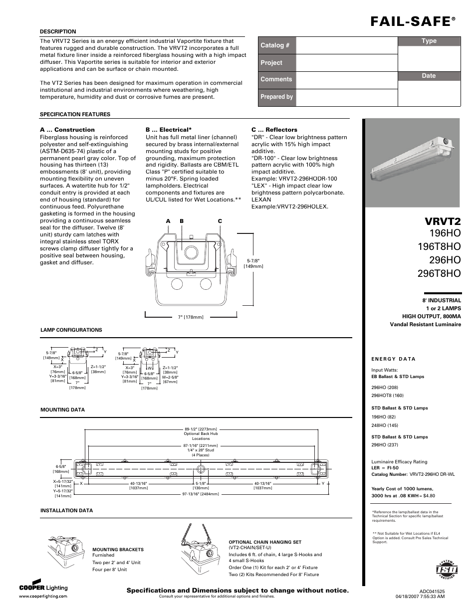 Cooper Lighting 196T8HO User Manual | 2 pages