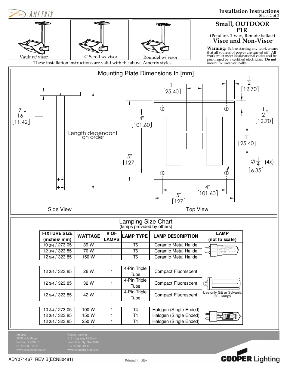 Visor and non-visor, Lamping size chart, Mounting plate dimensions in [mm | Small, outdoor p1r | Cooper Lighting AMETRIX P1R User Manual | Page 2 / 2