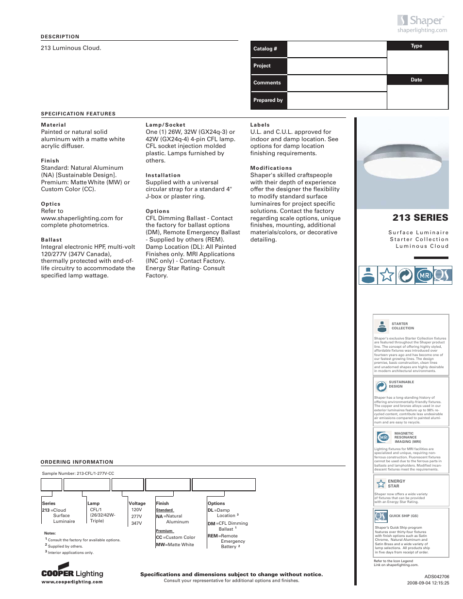 Cooper Lighting 213 User Manual | 2 pages