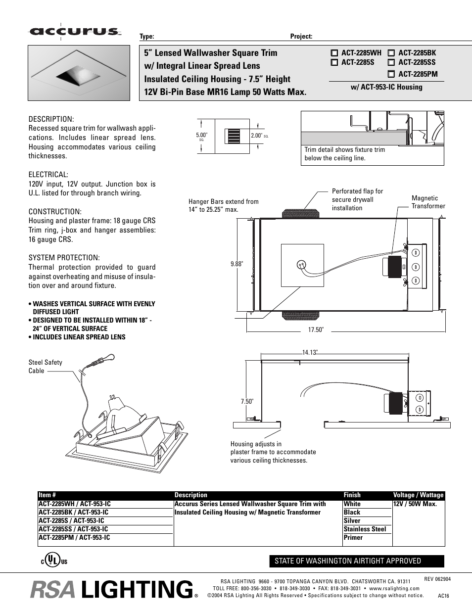 Cooper Lighting ACT-2285S User Manual | 1 page