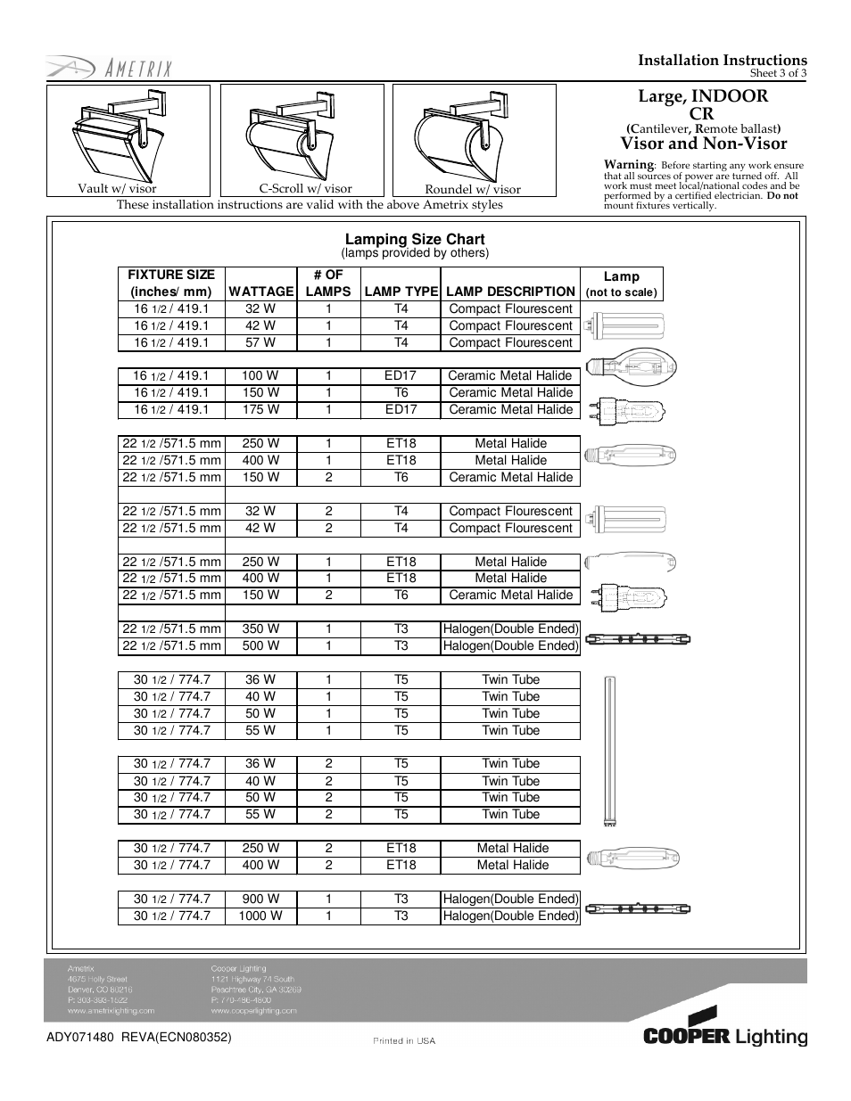 Large, indoor cr, Visor and non-visor | Cooper Lighting AMETRIX ADY071480 User Manual | Page 3 / 3