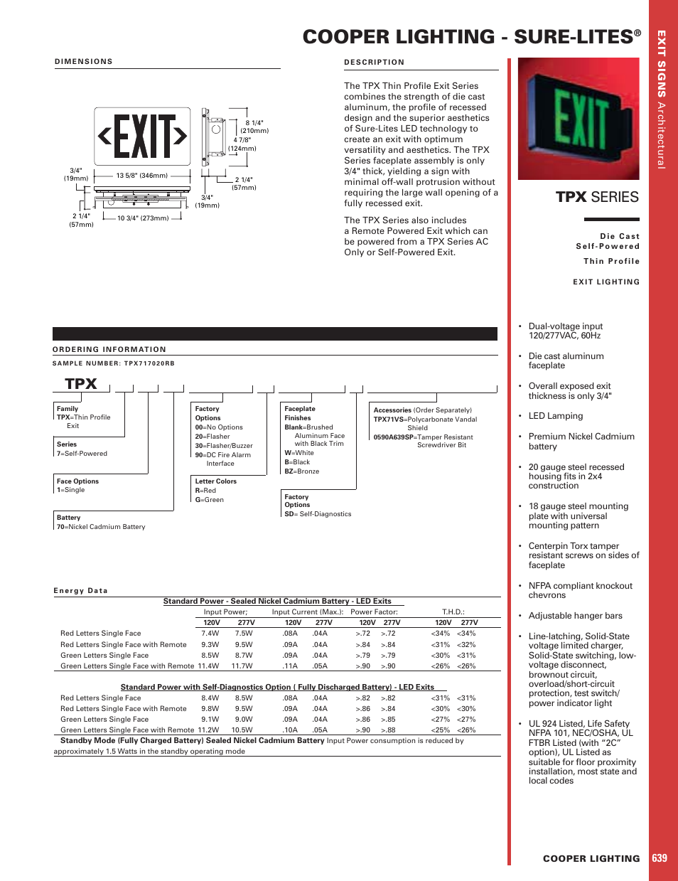 Cooper lighting - sure-lites, Tpx series, Exit signs architectural | Cooper Lighting Thin Profile Exit TPX Series User Manual | Page 2 / 2