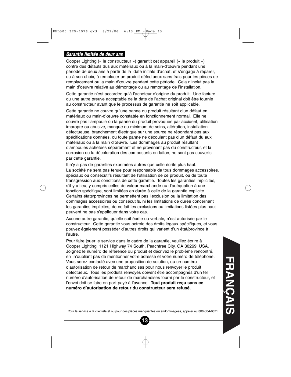 Français | Cooper Lighting PHL300 User Manual | Page 13 / 14