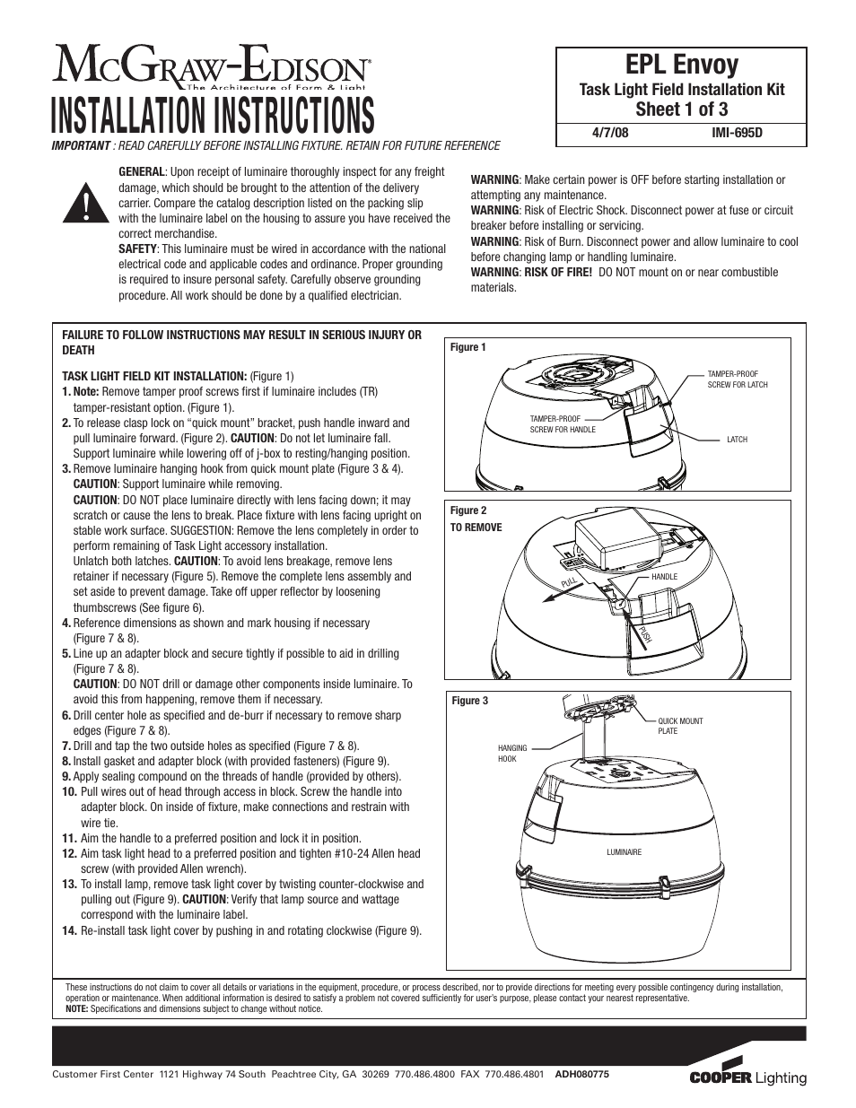 Cooper Lighting McGraw-Edison IMI-6950 User Manual | 3 pages