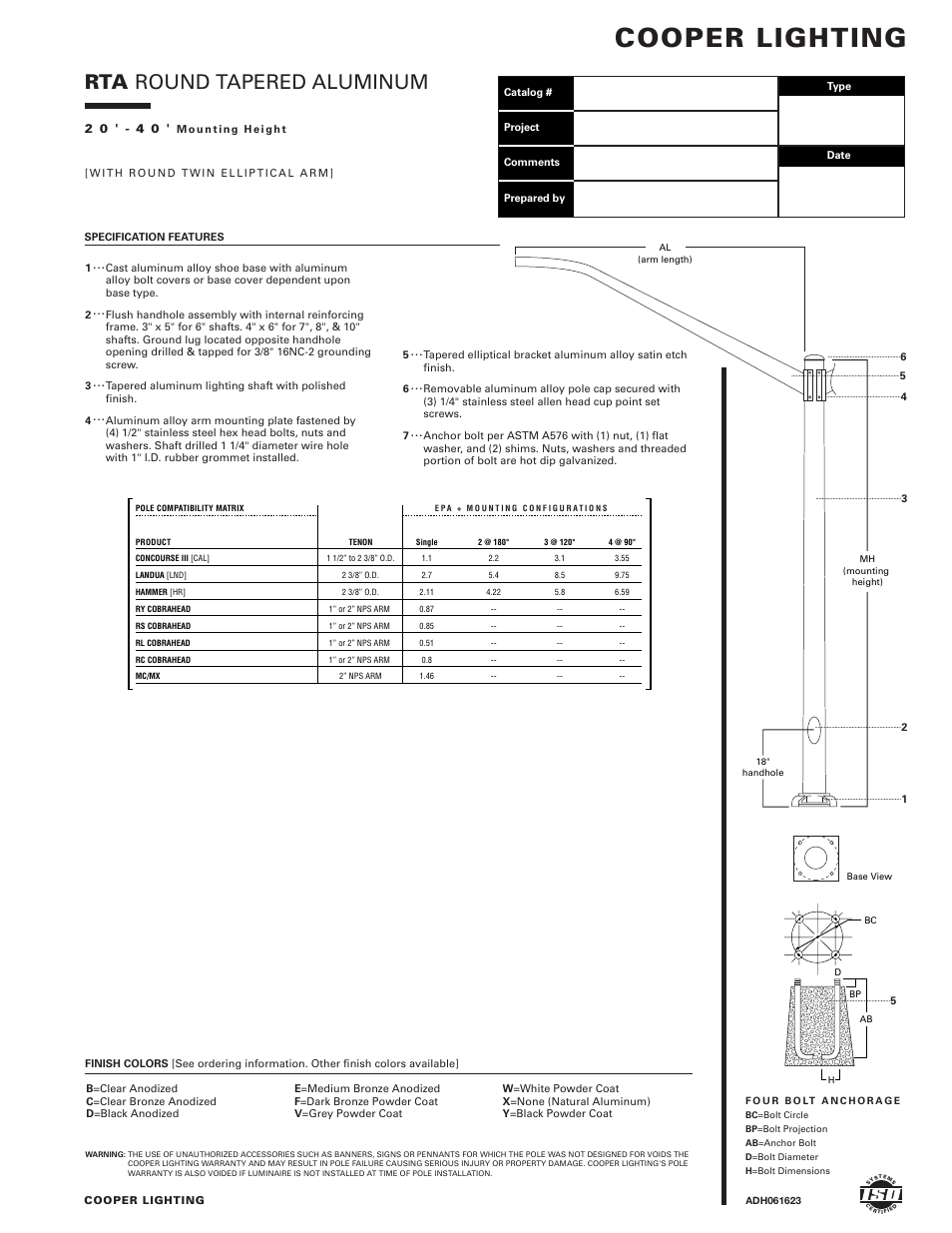 Cooper Lighting Round Tapered Aluminum RTA6L20AAS24V User Manual | 2 pages