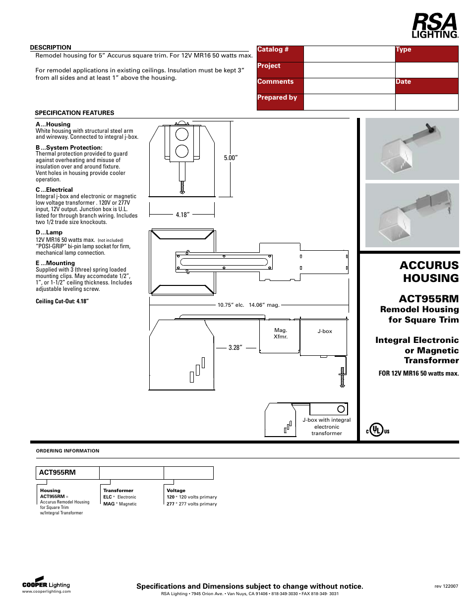 Cooper Lighting ACT955RM User Manual | 1 page