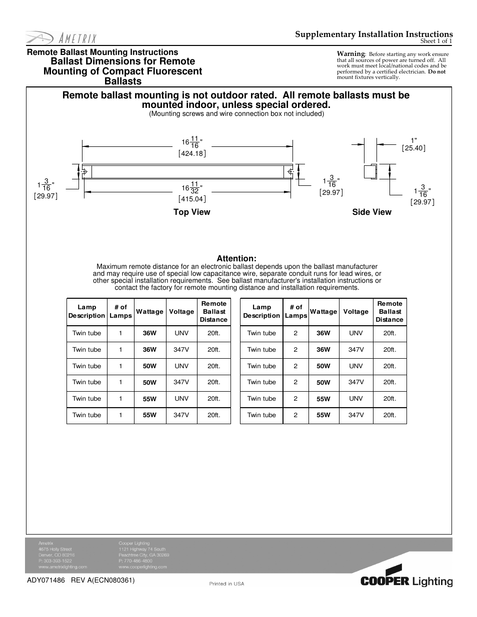 Cooper Lighting 55W User Manual | 1 page