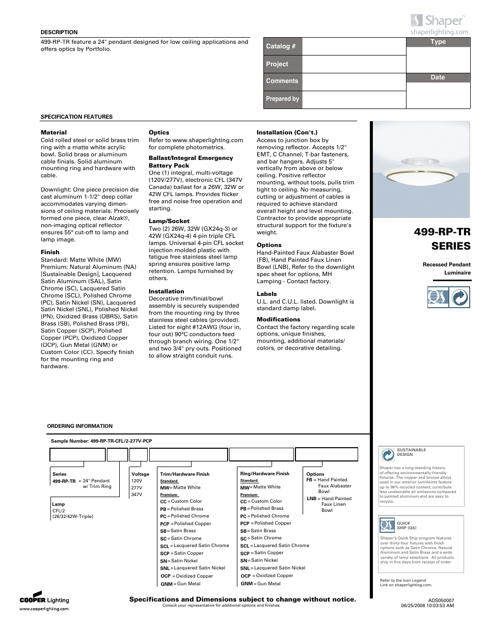 Cooper Lighting 499-RP-TR SERIES User Manual | 2 pages