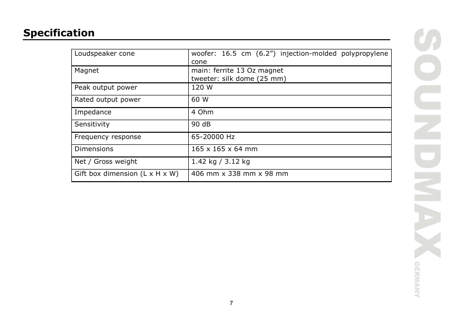 Specification | SoundMax SM-CSF6.2 User Manual | Page 7 / 13