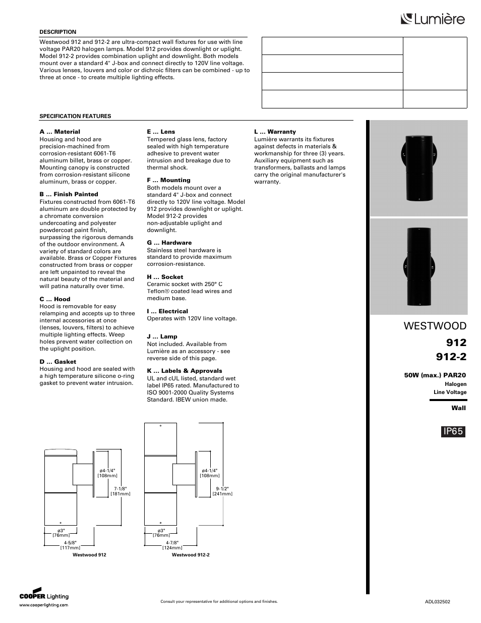 Cooper Lighting Westwood 912 User Manual | 2 pages