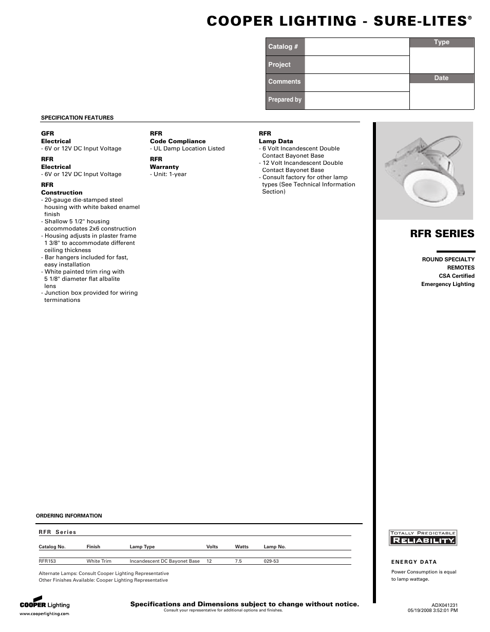 Cooper Lighting RFR Series User Manual | 2 pages