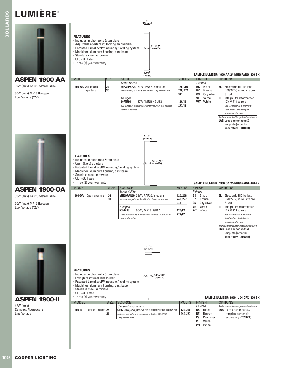 Cooper Lighting Lumiere Aspen 1900-IL User Manual | 1 page