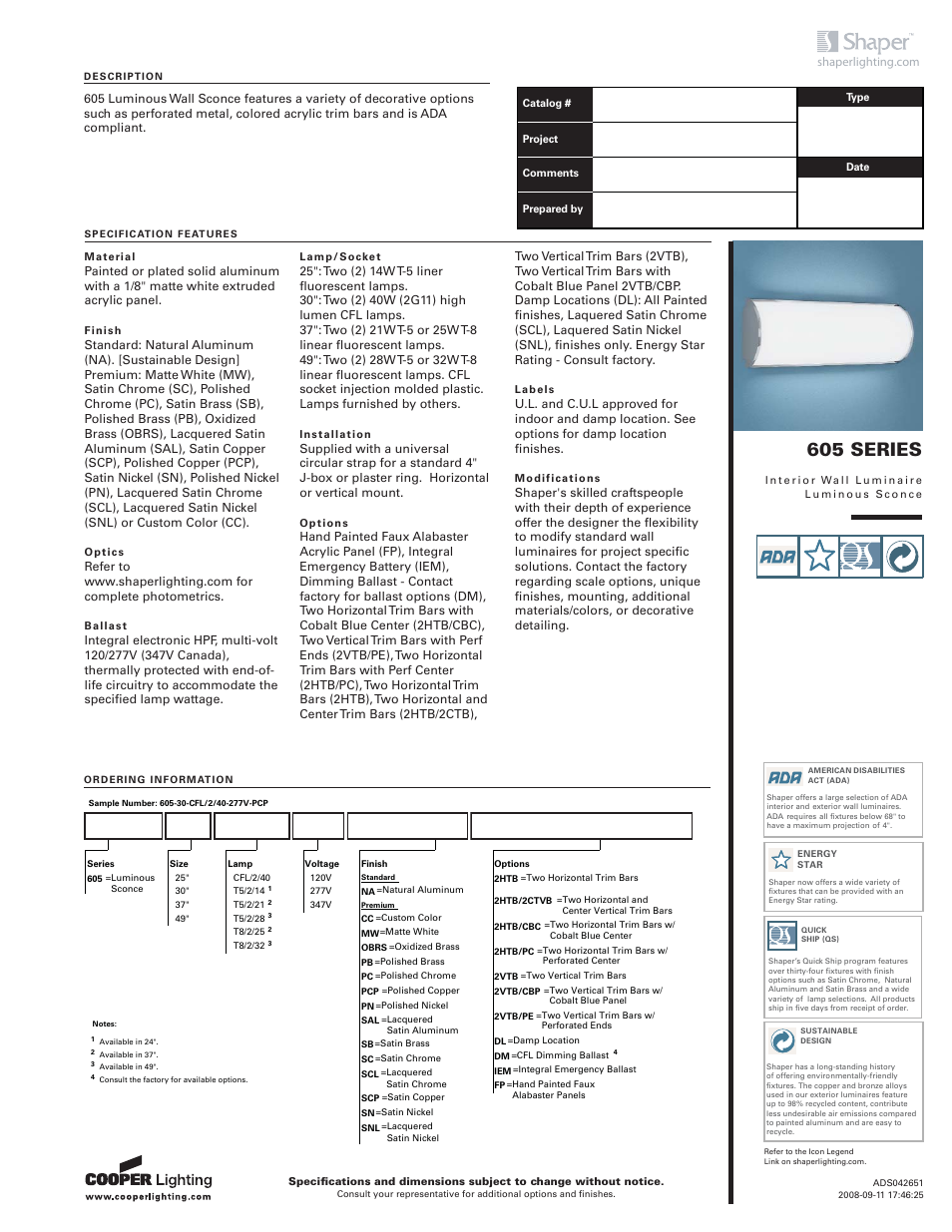 Cooper Lighting 605 User Manual | 2 pages