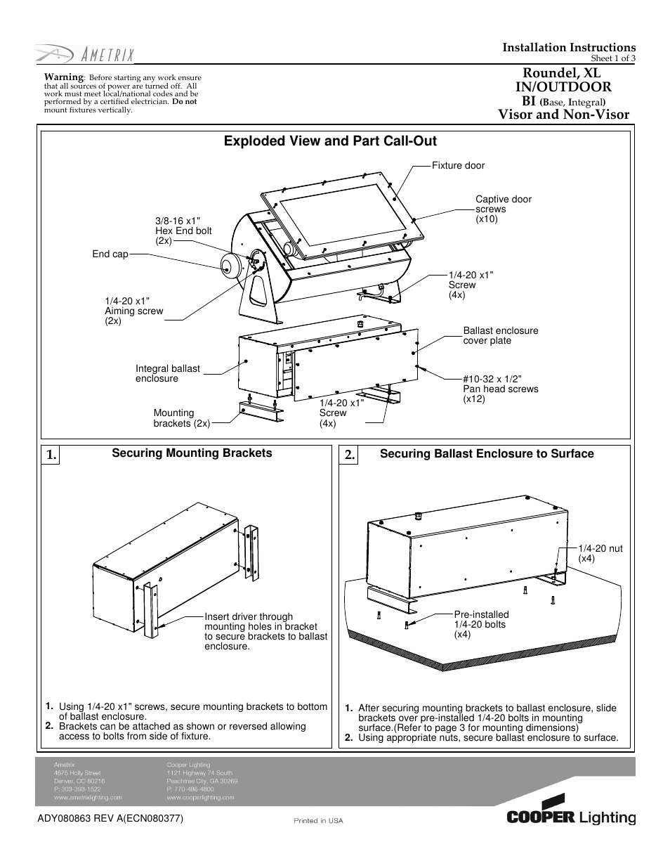 Cooper Lighting AMETRIX ADY080863 User Manual | 3 pages