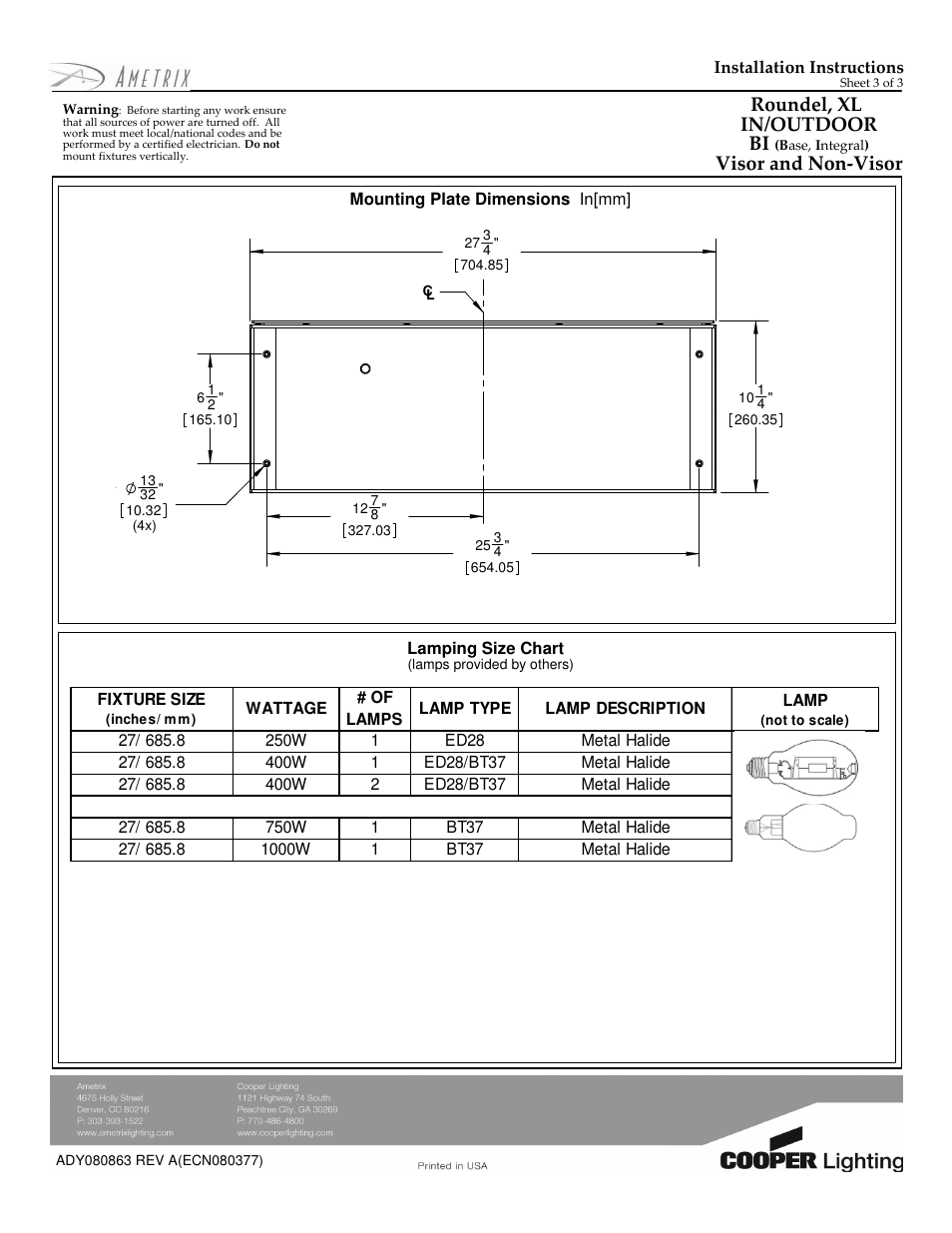 Roundel, xl in/outdoor bi, Visor and non-visor | Cooper Lighting AMETRIX ADY080863 User Manual | Page 3 / 3