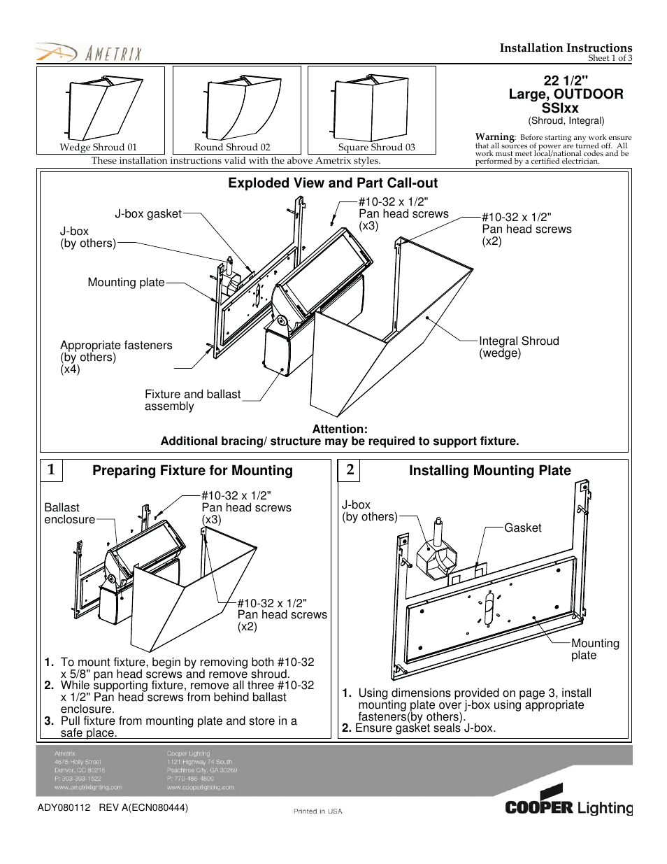 Cooper Lighting ADY080112 User Manual | 3 pages