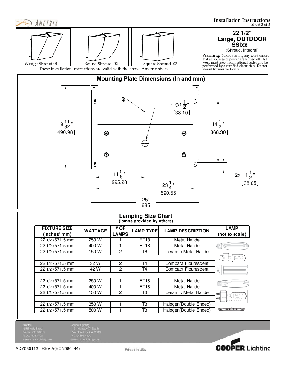 22 1/2" large, outdoor ssixx | Cooper Lighting ADY080112 User Manual | Page 3 / 3