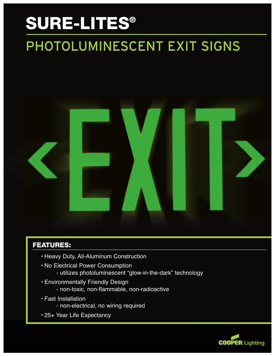 Cooper Lighting SURE-LITES Photoluminescent Exit Signs User Manual | 2 pages