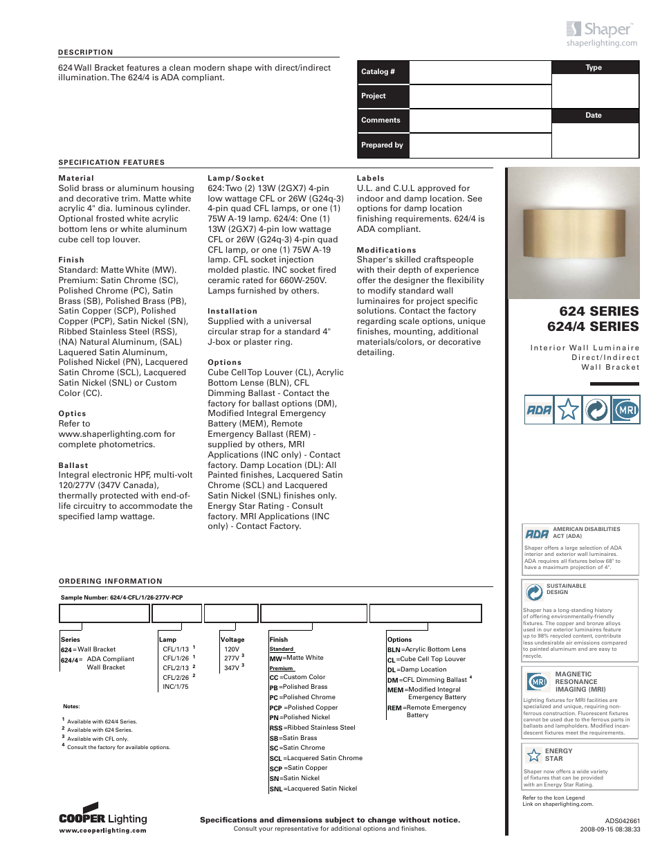 Cooper Lighting 624/4 User Manual | 2 pages