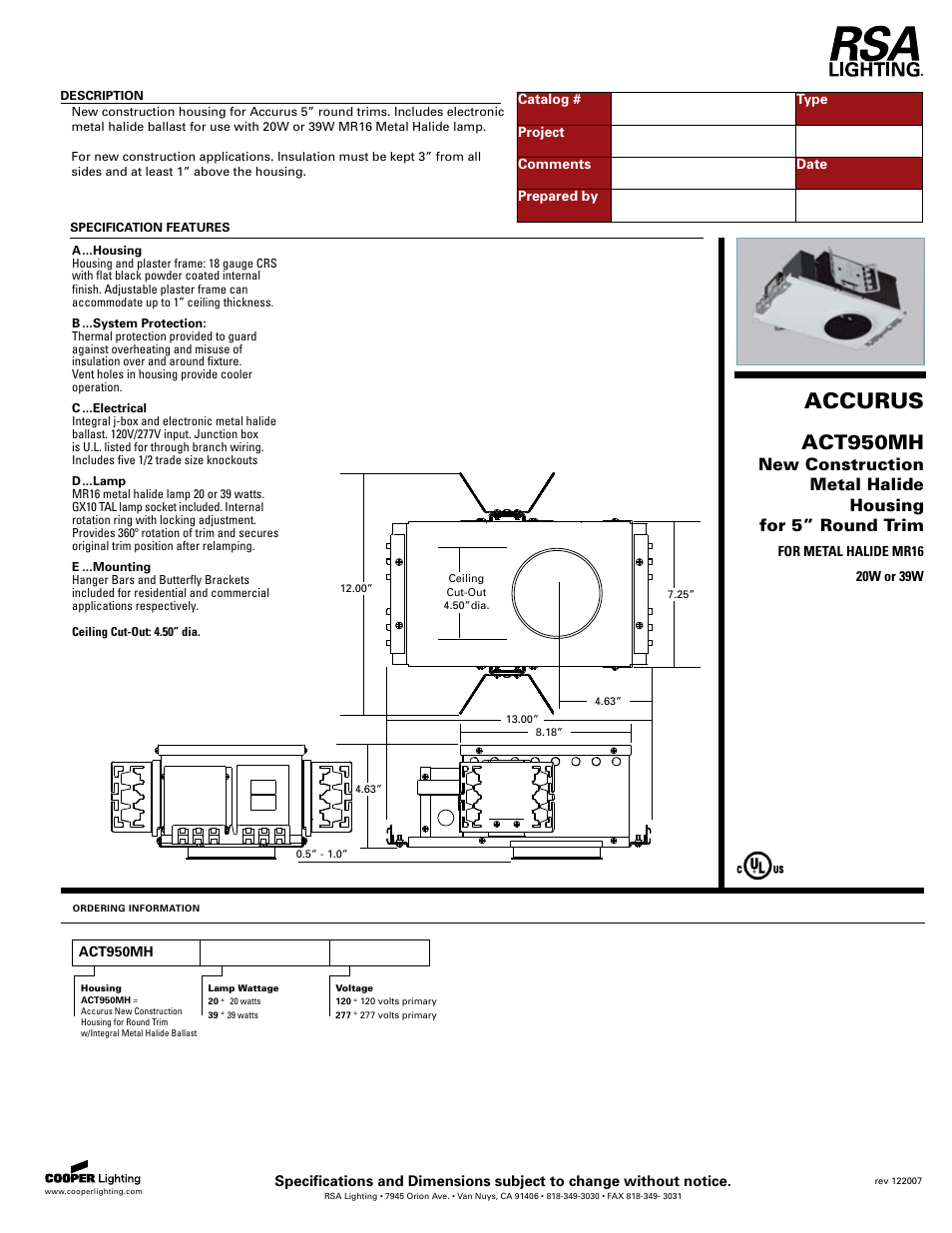 Cooper Lighting ACT950MH User Manual | 1 page