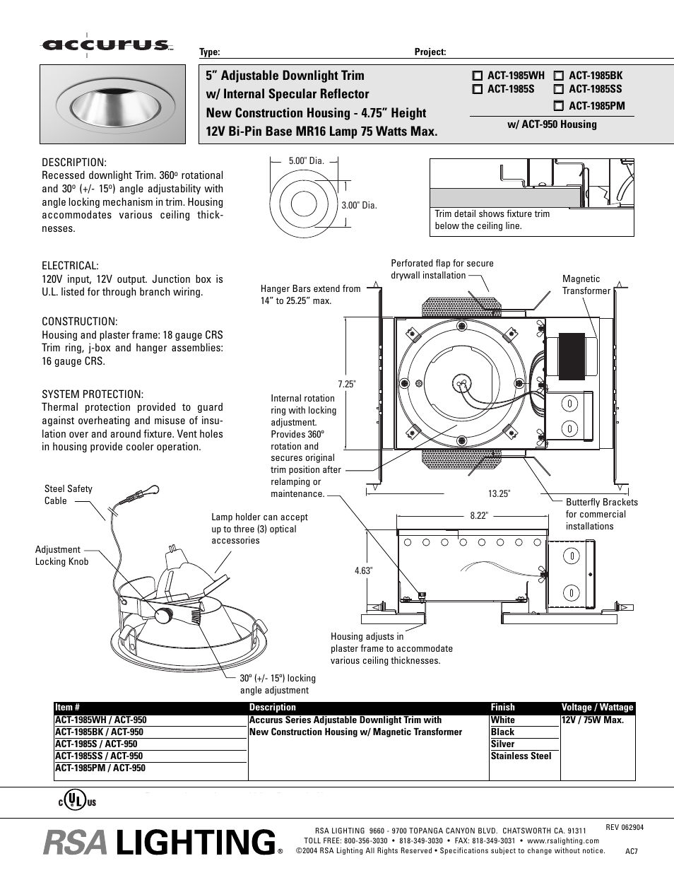Cooper Lighting Accurus ACT-1985BK User Manual | 1 page