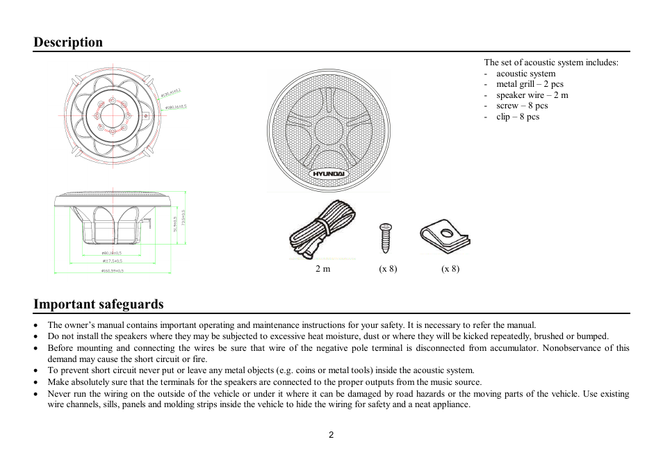 Description, Important safeguards | Hyundai H-CSF502 User Manual | Page 2 / 11