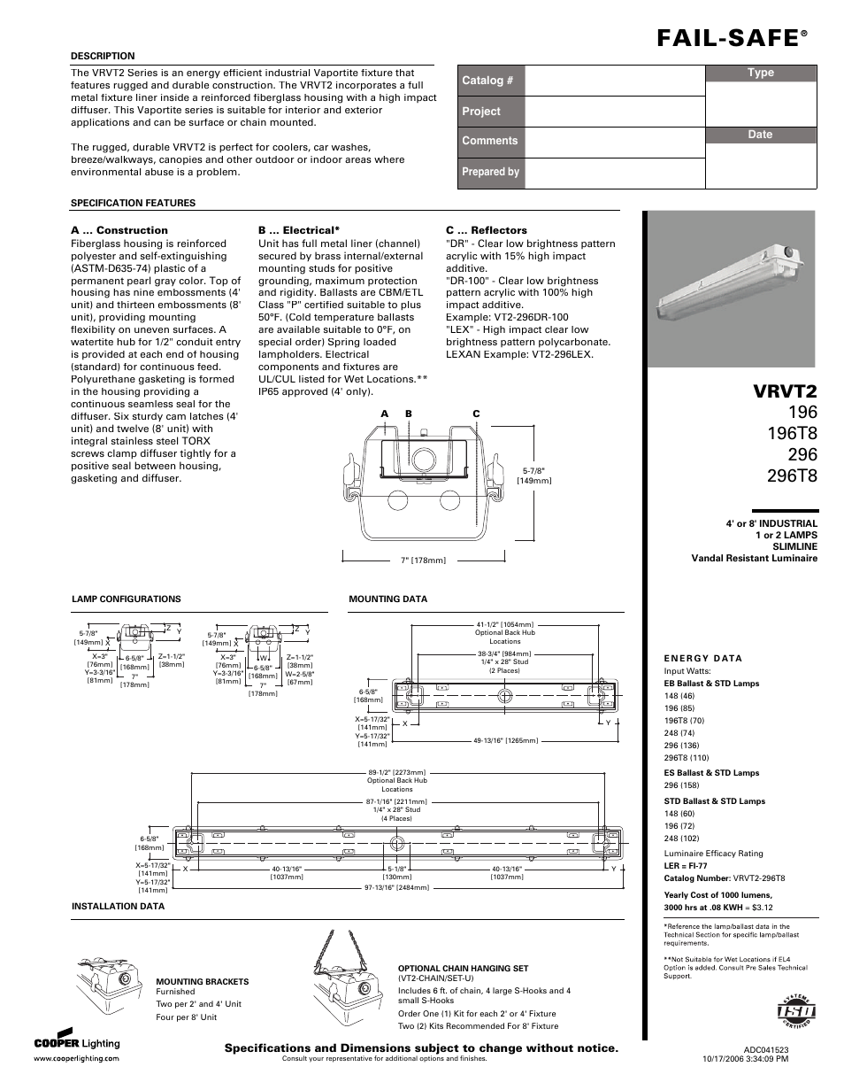 Cooper Lighting 296T8 User Manual | 2 pages