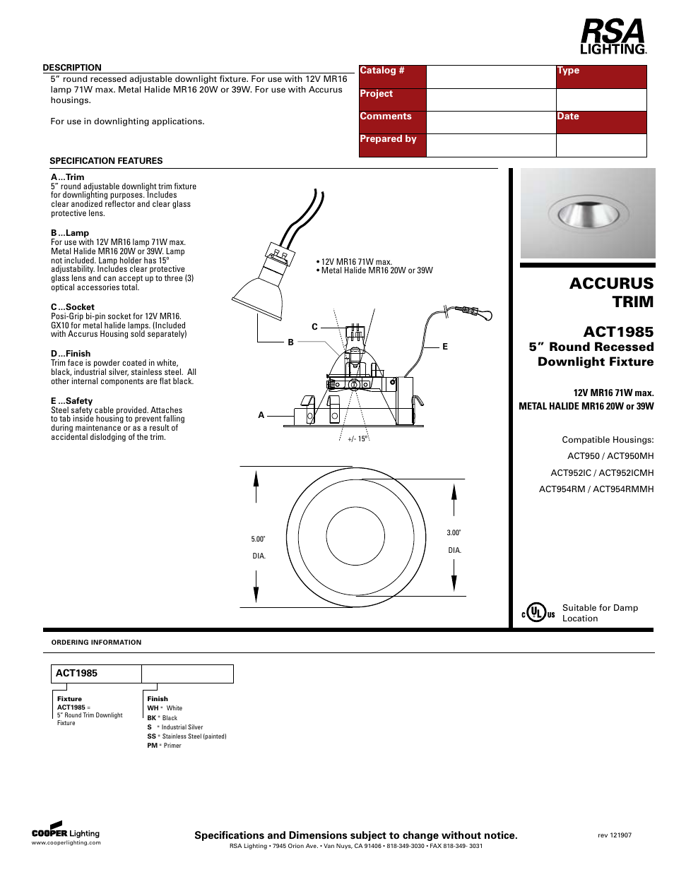 Cooper Lighting ACT1985 User Manual | 1 page