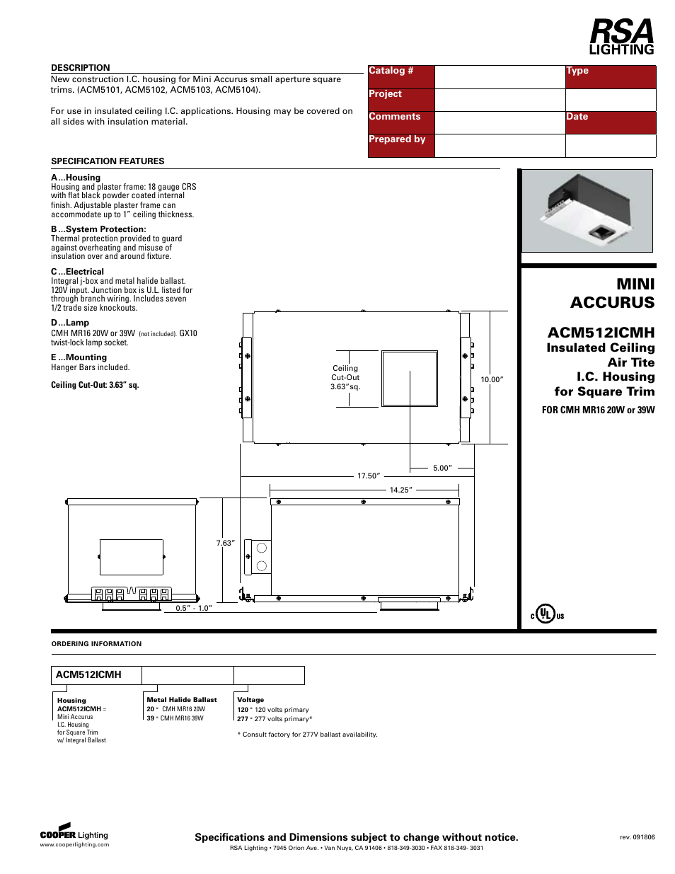 Cooper Lighting ACM512ICMH User Manual | 1 page