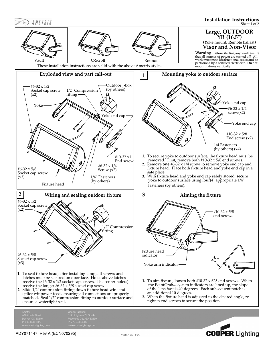 Cooper Lighting ADY071447 User Manual | 2 pages