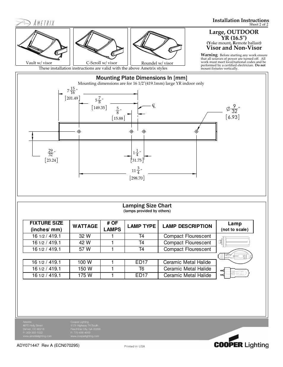Large, outdoor yr (16.5"), Visor and non-visor | Cooper Lighting ADY071447 User Manual | Page 2 / 2