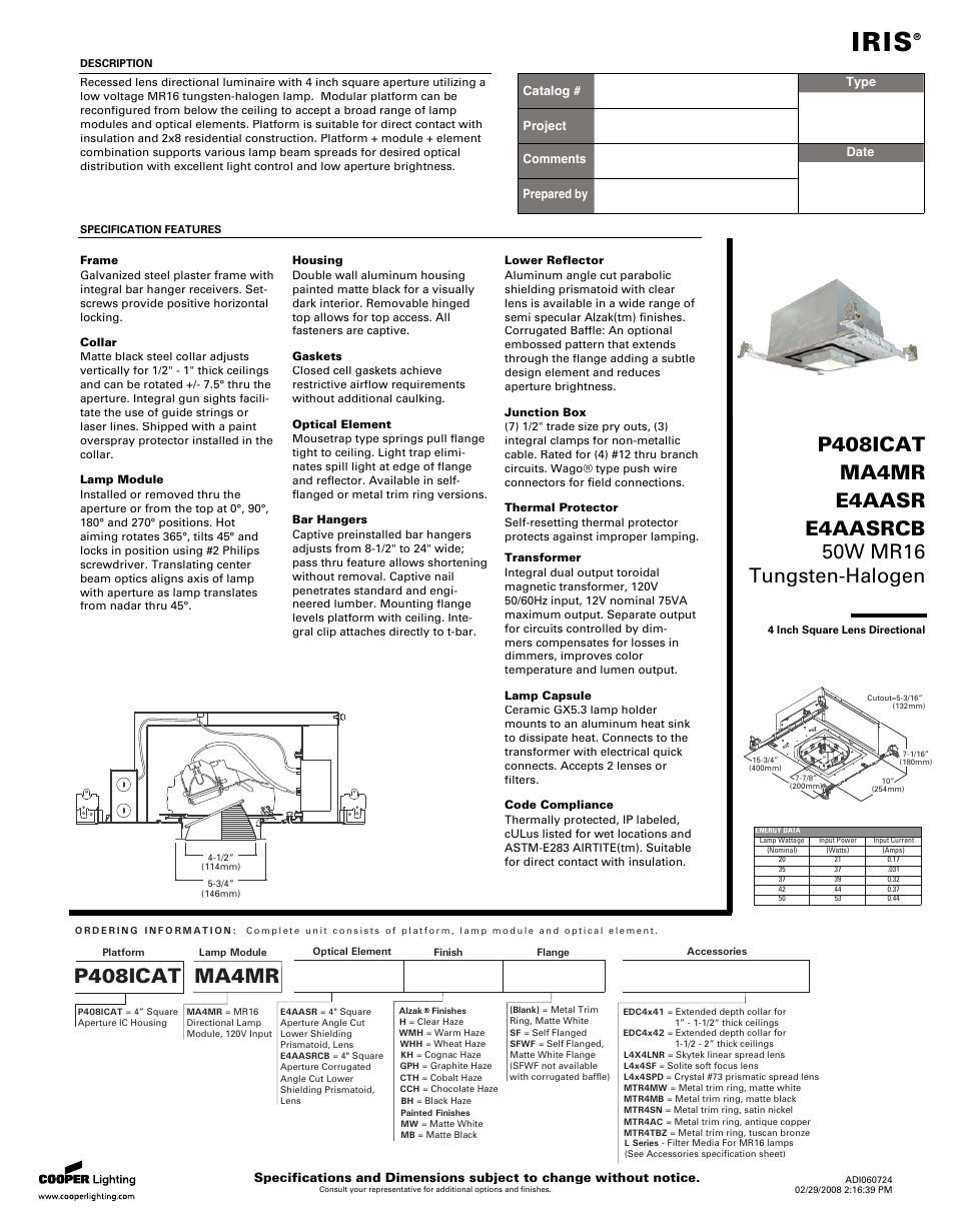 Cooper Lighting Iris 50W MR16 User Manual | 2 pages