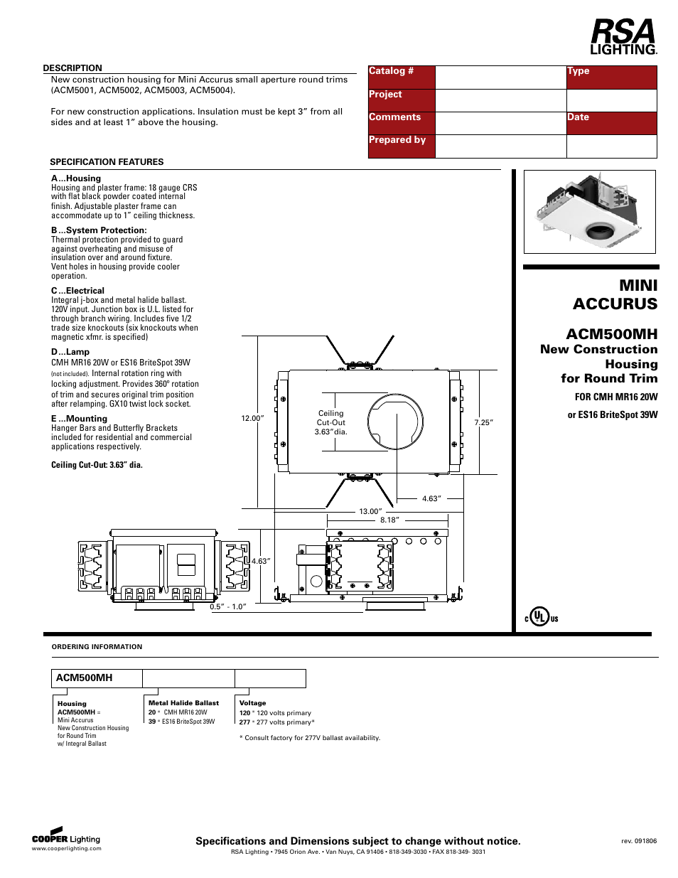 Cooper Lighting ACM500MH User Manual | 1 page