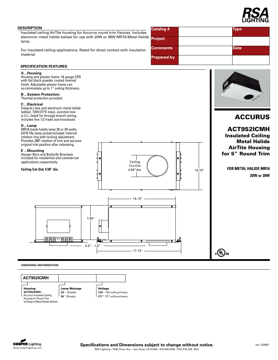 Cooper Lighting ACT952ICMH User Manual | 1 page