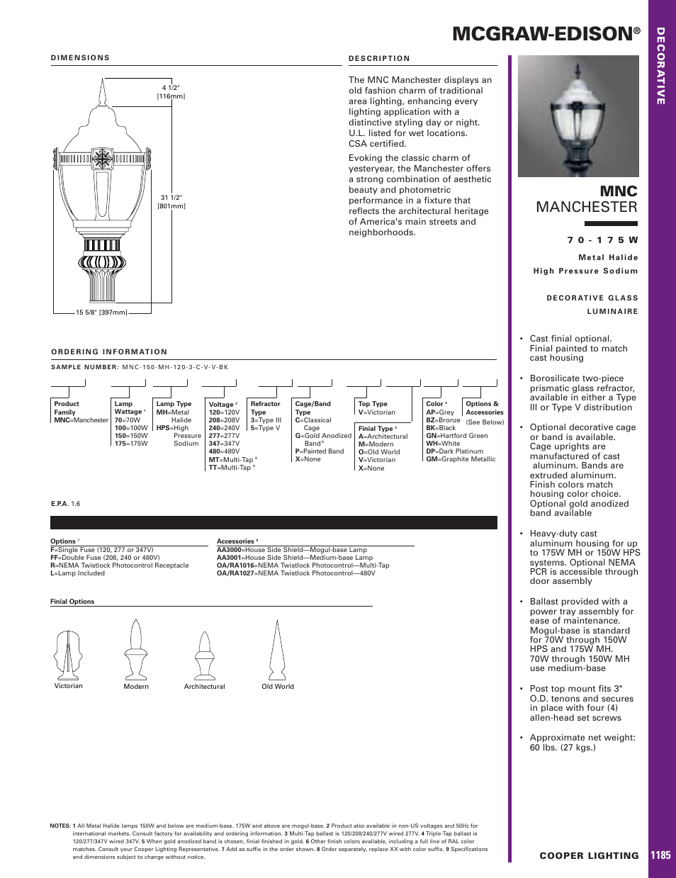 Cooper Lighting Manchester 70-175W User Manual | 1 page