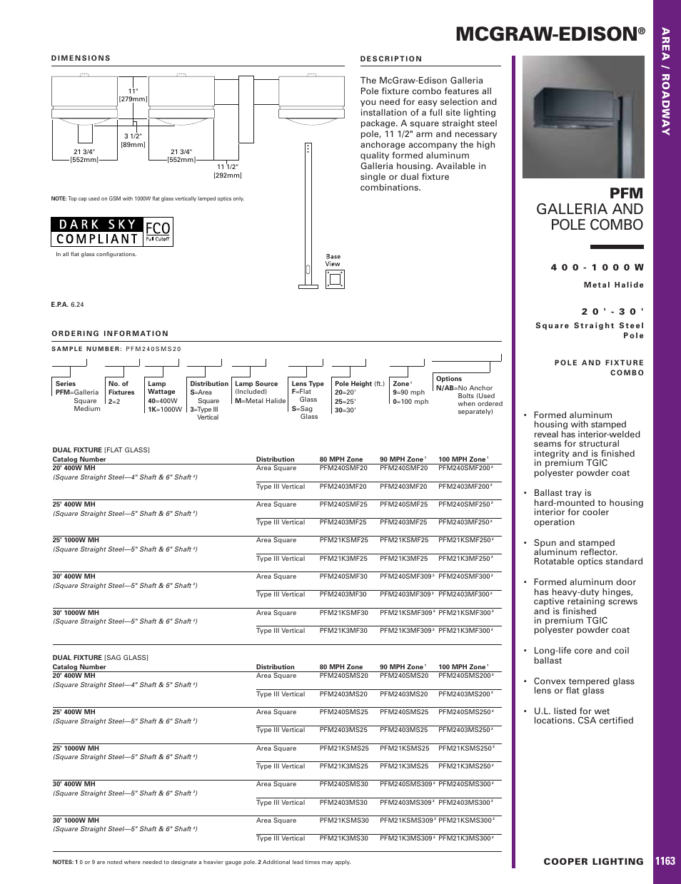 Mcgraw-edison, Pfm galleria and pole combo, Area / roadw a y | Cooper Lighting McGraw-Edison PFM User Manual | Page 2 / 2