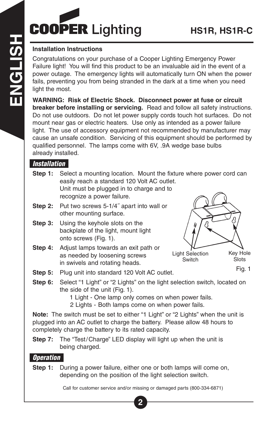 En g l is h, Hs1r, hs1r-c | Cooper Lighting Hs 1r User Manual | Page 2 / 10